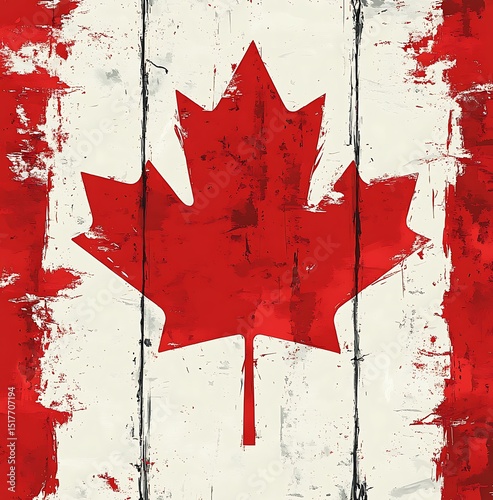 Grunge effect canadian flag on wooden planks displaying red maple leaf symbol