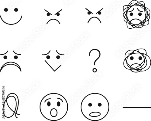 Icon set showing abstract minimal faces expressing core emotions joy, anger, confusion, sadness, curiosity, guilt, surprise, calmness
