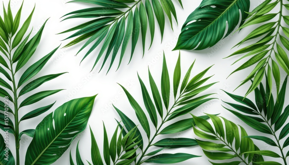Lush Green Tropical Palm Leaves and Monstera Plants on White Background Summer Nature Design Lush Green Tropical Palm Leaves and Monstera Plants on White Background Summer Nature Design
