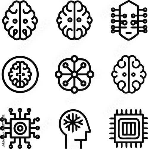 Collection of Artificial Intelligence and Brain Icons Representing Technology and Intelligence