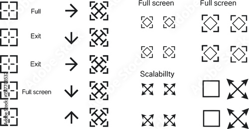 Full Screen Exit and Scalability Icons Represented in a Vector Graphic