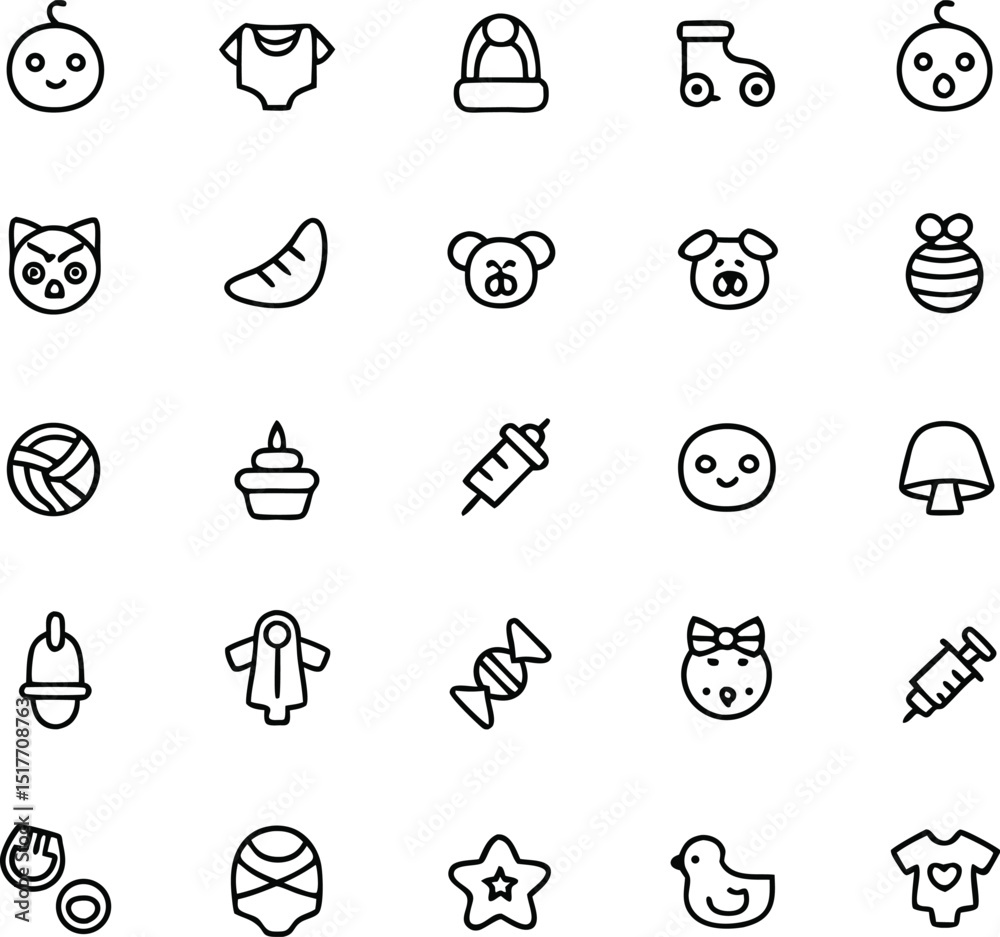 Fototapeta premium Collection of Baby and Child Related Icons in Black and White Outline
