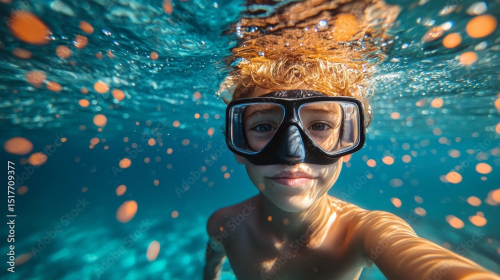 Naklejka premium Underwater Selfie A Young Boy Explores the Beauty of a Tropical Reef, Snorkeling Adventure