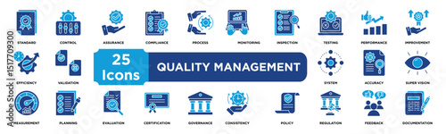 Quality Management icon collection set. Containing standards,control,assurance,compliance,process,monitoring,inspection,testing,performance,improvemen icon. Solid vector icons collection.
