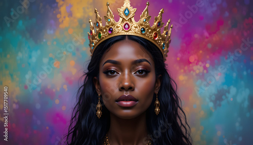 Majestic Queen: A regal woman, adorned with a golden crown and exquisite jewelry, emanates elegance and power, symbolizing royalty and grace against a backdrop of artistic splendor.