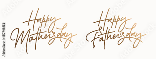 Happy mother's day and happy Father's day golden lettering isolated on white background. Set of typography design element. Mother day and Father day greeting text. Vector illustration