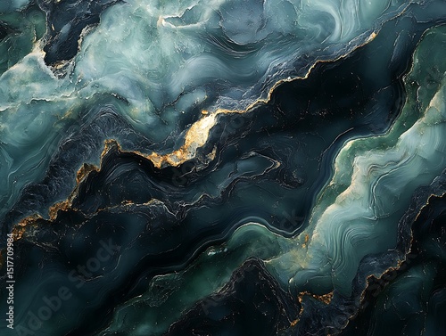 Abstract backdrop of dark teal marbling with shimmering gold veining details