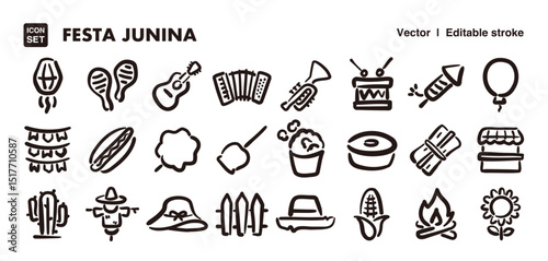 Festa Junina icon set. Hand drawn illustration line style. Vector editable stroke icon.
