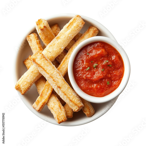 Mozzarella sticks with marinara dipping sauce, isolated on white background