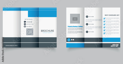 Blue Geometric trifold brochure for business. Ideal for business, digital marketing, consulting, and corporate branding. Printable template.