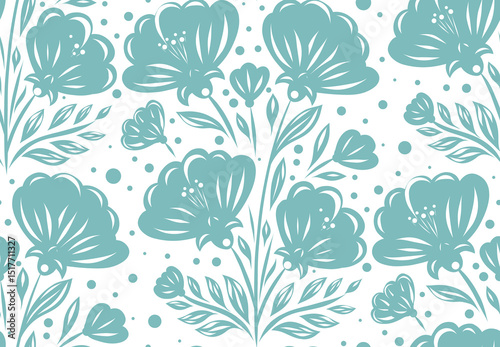 Vector seamless pattern with stylized blue floral ornaments in folk art style. Texture with tracery flowers for textile design, wallpaper, gift wrap, and digital backgrounds. Monochrome decorative art