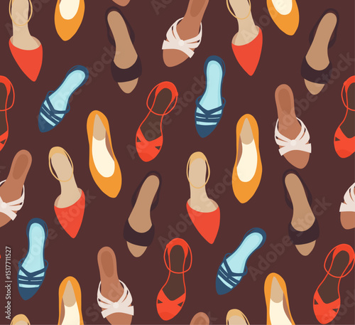Vector seamless pattern with various flat women shoes on a dark background for fashion prints, wrapping paper, fabric design. Stylish and colorful flat style.