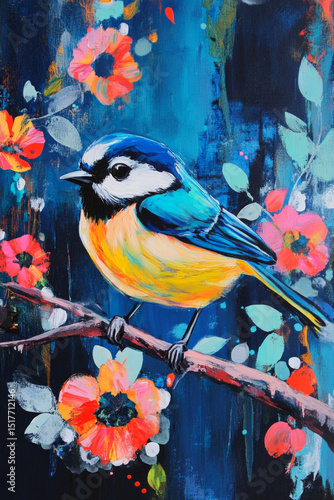 Acrylic colour painting of bird sits on a branch with colourful flowers over blue background, Illustration animal poster
