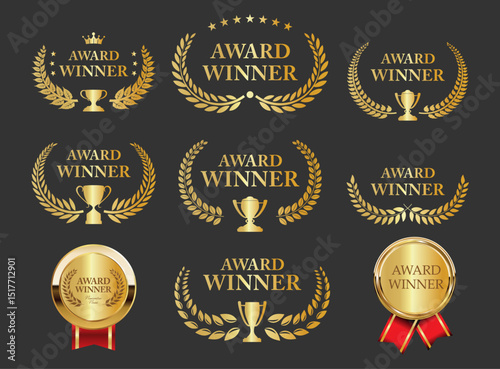 Award Winner emblem collection of gold laurel wreath isolated on black background 