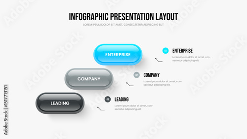 Professional Growth Three Step Diagram Frame Template. Product Proposal 3 Element Infographic Slideshow Layout. Advertising Visualization Slide Design Vector Illustration.