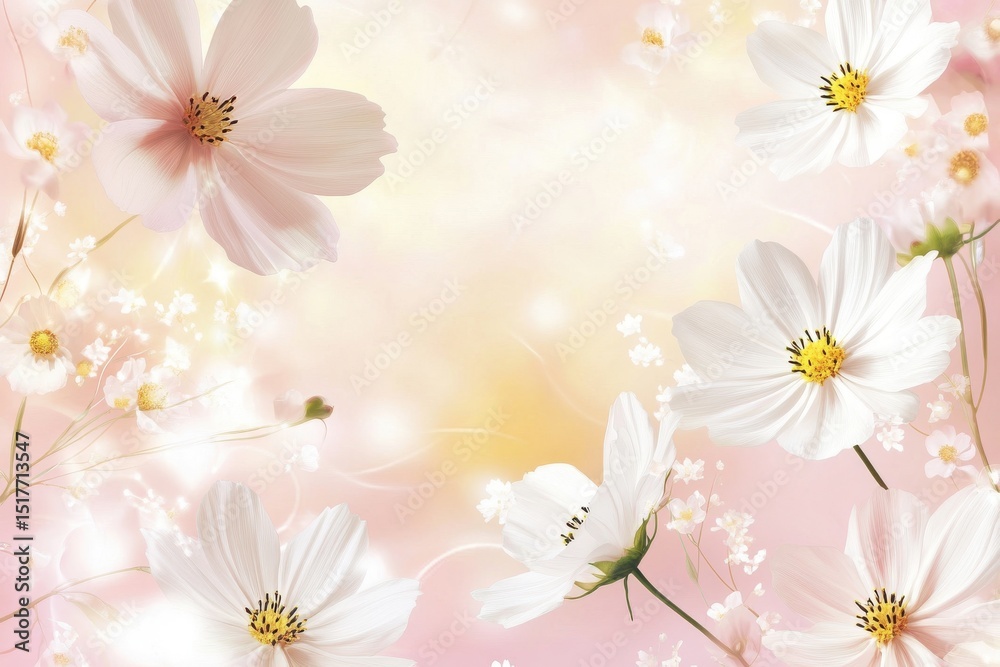 Obraz premium Delicate white cosmos flowers on soft pink background