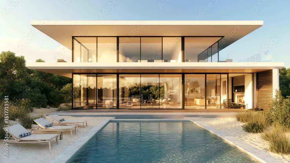 Modern house in front of beach with infinity pool, full glass walls, sandy garden, clean roof lines and golden sunlight on facade