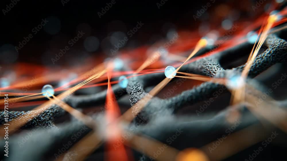 Complex network growing, connecting and sharing data through nodes and lines, with light beams passing through the network, representing innovation in technology and communication