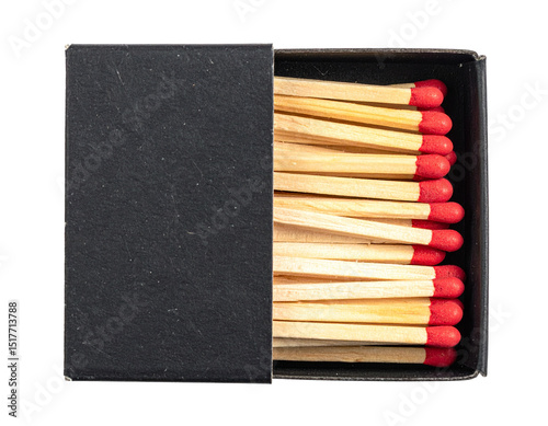 An open black matchbox filled with wooden matches with red tips