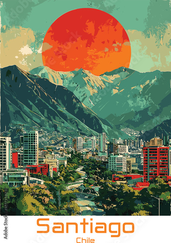 Santiago, Chile, Skyline Vector Illustration. Retro Cityscape with Mountains and Sun.