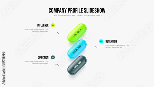 Company Analysis Three Step Infographic Slide Layout. Digital Forecast Slideshow Template Vector Illustration. Visual Profile 3 Option Diagram Presentation Design.