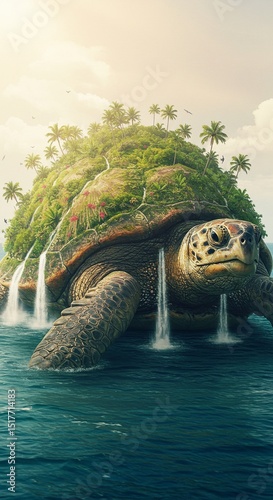 Fantasy Illustration: Tropical Island on a Giant Turtle's Shell