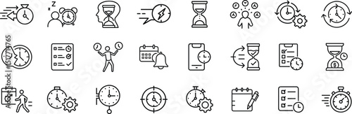 Line Icons Set of Time Management, Deadlines, Task Scheduling and Clock Productivity, Time, Schedule and Productivity Icons