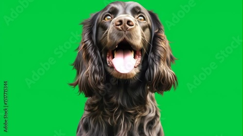 Happy black dog portrait on green background
 photo