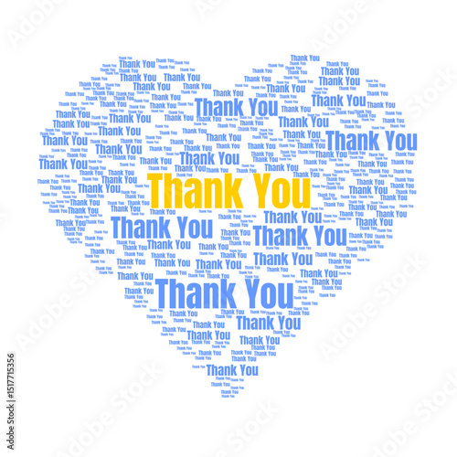 Heart-shaped word collage containing 'Thank You' messages in blue and yellow, symbolizing gratitude and appreciation, suitable for greeting cards, thank you notes, or celebratory designs.