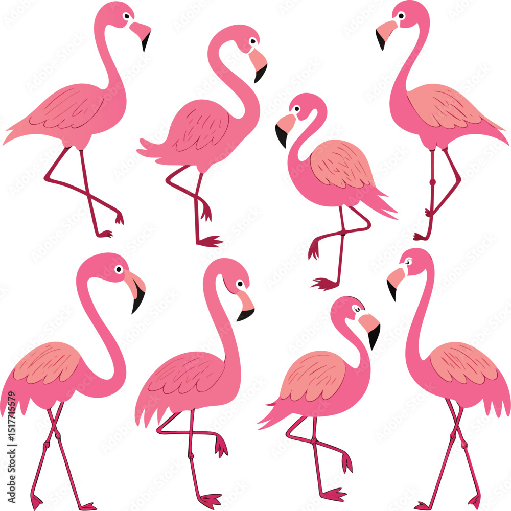 Obraz premium Playful Pink Flamingo Cartoon Set Stylized Bird Poses on White Background