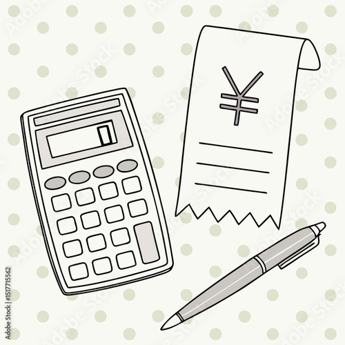 Calculator, receipt with yen symbol, and pen on a dotted background illustration