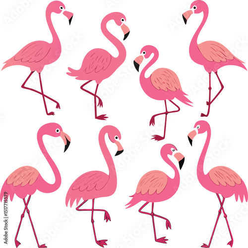 Playful Pink Flamingo Cartoon Set Stylized Bird Poses on White Background