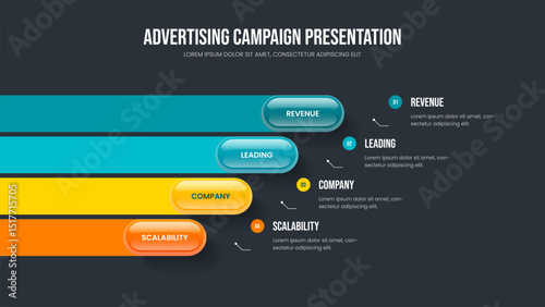 Business Showcase 4 Step Diagram Frame Template. Sales Launch Four Option Infographic Slideshow Design. Corporate Portfolio Slide Layout Vector Illustration.