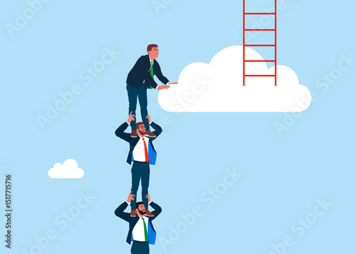 Businessman holding each other on their shoulders. Workers climb up ladder up the cloud with no space left for colleagues. Domination in company executive board, inequality in management position.