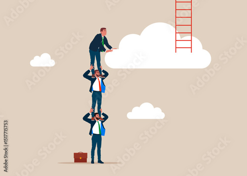 Worker employee holding each other on their shoulders. Businessman look up a ladder to cloud. Success ladder for business opportunity. Business concept a ladder Corporate of success. Vector.