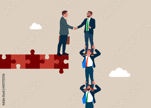 Businessmen holding each other on their shoulders. Business merger and acquisition with businessmen shaking hands connect puzzle bridge, end of negotiation, success. Flat vector illustration