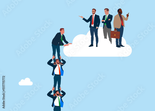 Business people employee holding each other on their shoulders. Businessman  look up a ladder to cloud. Success ladder for business opportunity. Business concept a ladder Corporate of success.