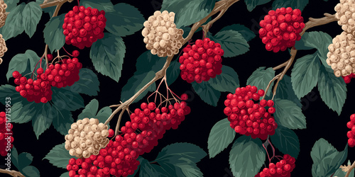 Botanical pattern of red and white berry clusters on black background with green leaves, vintage nature illustration
