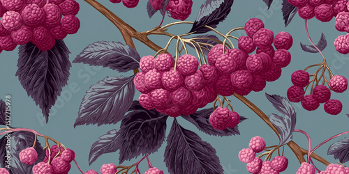 Detailed magenta berry clusters with dark leaves on soft blue-grey background, vintage botanical wallpaper
