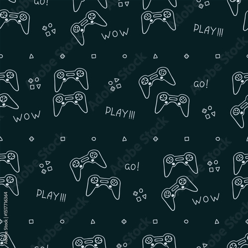 Seamless pattern with hand drawn doodle gamepads and handwritten video games lettering, cute game controllers. White doodles on dark background