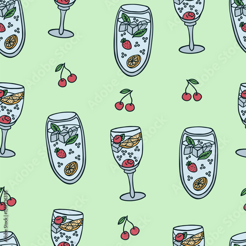 Seamless pattern with hand drawn doodle summer cocktails with berries, citrus, mint leaf, ice cubes in glasses, cherry on light green background