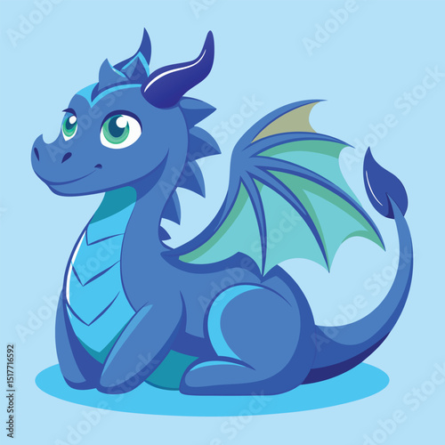 Cute Blue Dragon Cartoon Character Sitting Down with a Friendly Expression