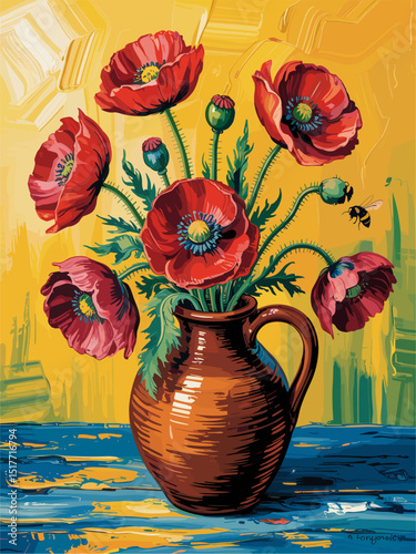Impressionist oil painting style vector of red poppy flowers in a vase. Elegant still life artwork perfect for home decor, floral art prints, and vintage-inspired design projects.
