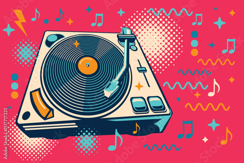 Music design -vinyl record player turntable and musical notes