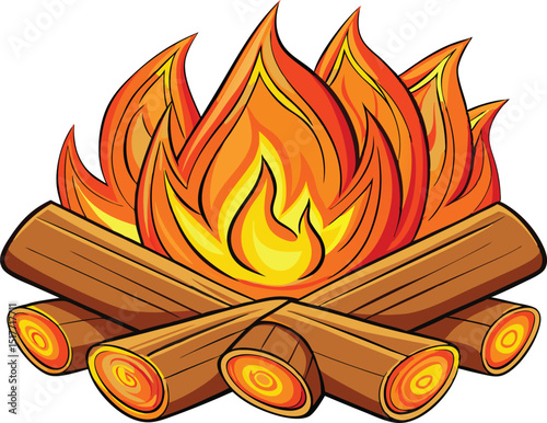 Stylized Campfire Vector – Bright Cartoon Flames with Simple Wooden Logs on White Background