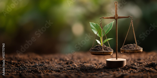 Eco balance scale in soil with seedling on one side and earth on the other, symbolizing nature, justice, and balance
