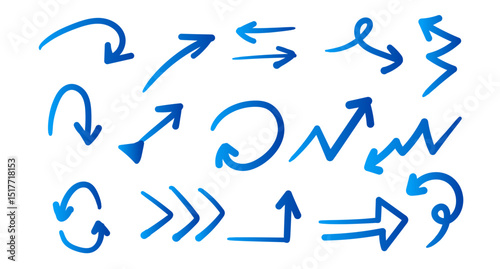 Collection of hand drawn blue gradient arrows in various styles, perfect for enhancing business infographics, flowcharts, presentations, and visual storytelling