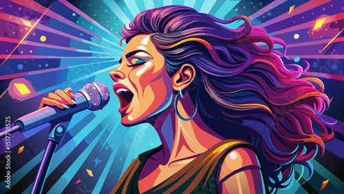 A passionate female singer stands under vibrant stage lights, singing into a classic microphone, her energy radiating across a bright background, capturing music, emotion, and performance in motion.
