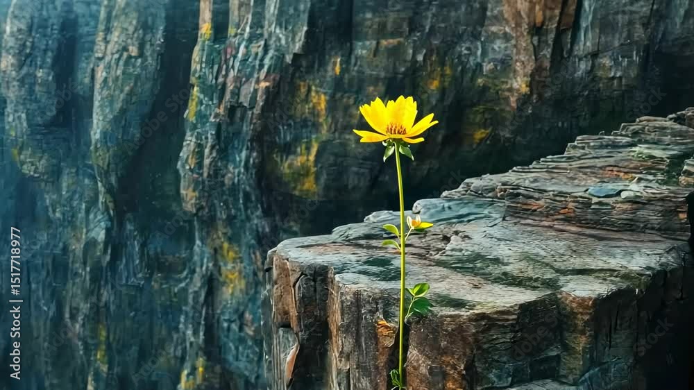 Solitary yellow flower bravely blooms from a rugged, dark cliff face