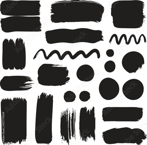 Set of black paint, ink brush strokes.
